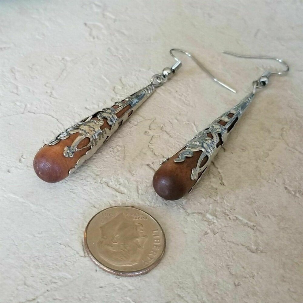 Victorian Filigree Capped Wood 68mm Long Teardrop Dangle Earrings Silver Tone - Picture 6 of 7